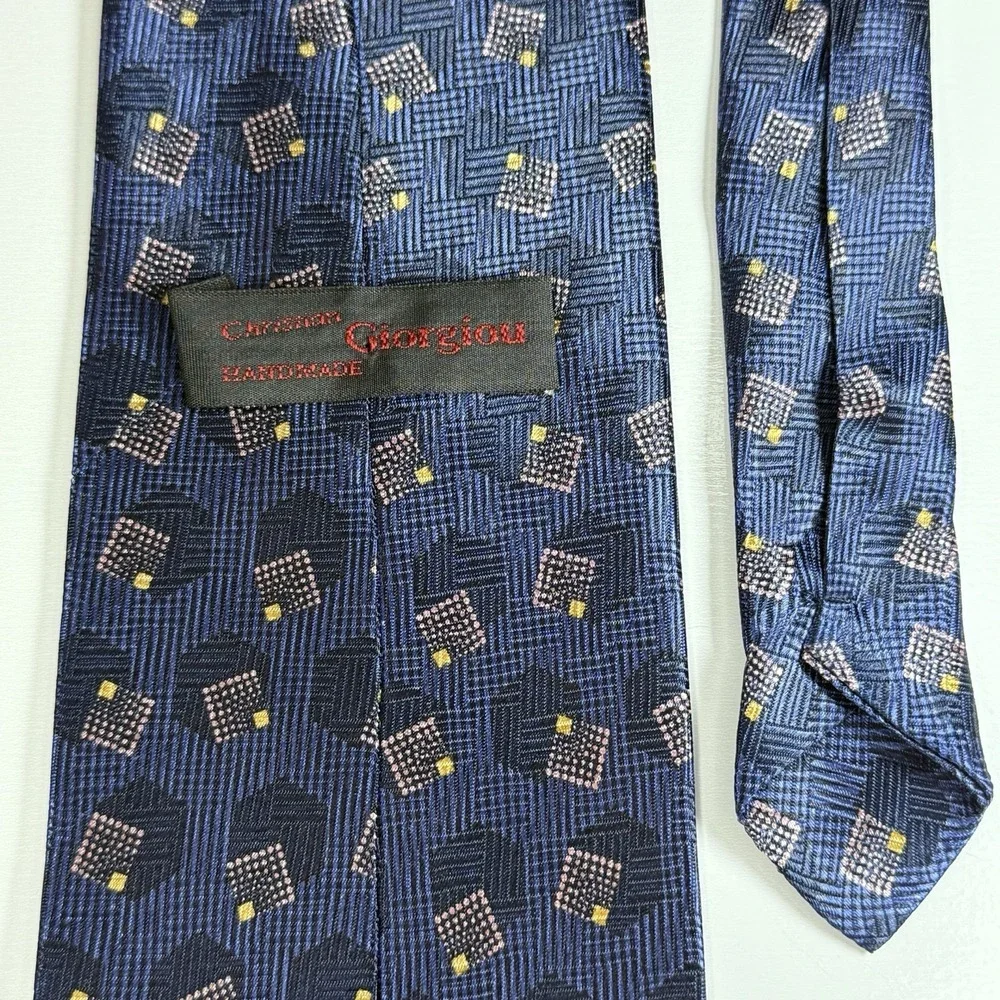 Christian Giorgiou Mens Navy Blue Grid Square Medallion Polyester Tie